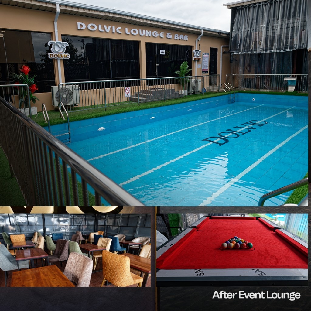 Dolvic swimming pool, restaurant seating, and billiard table